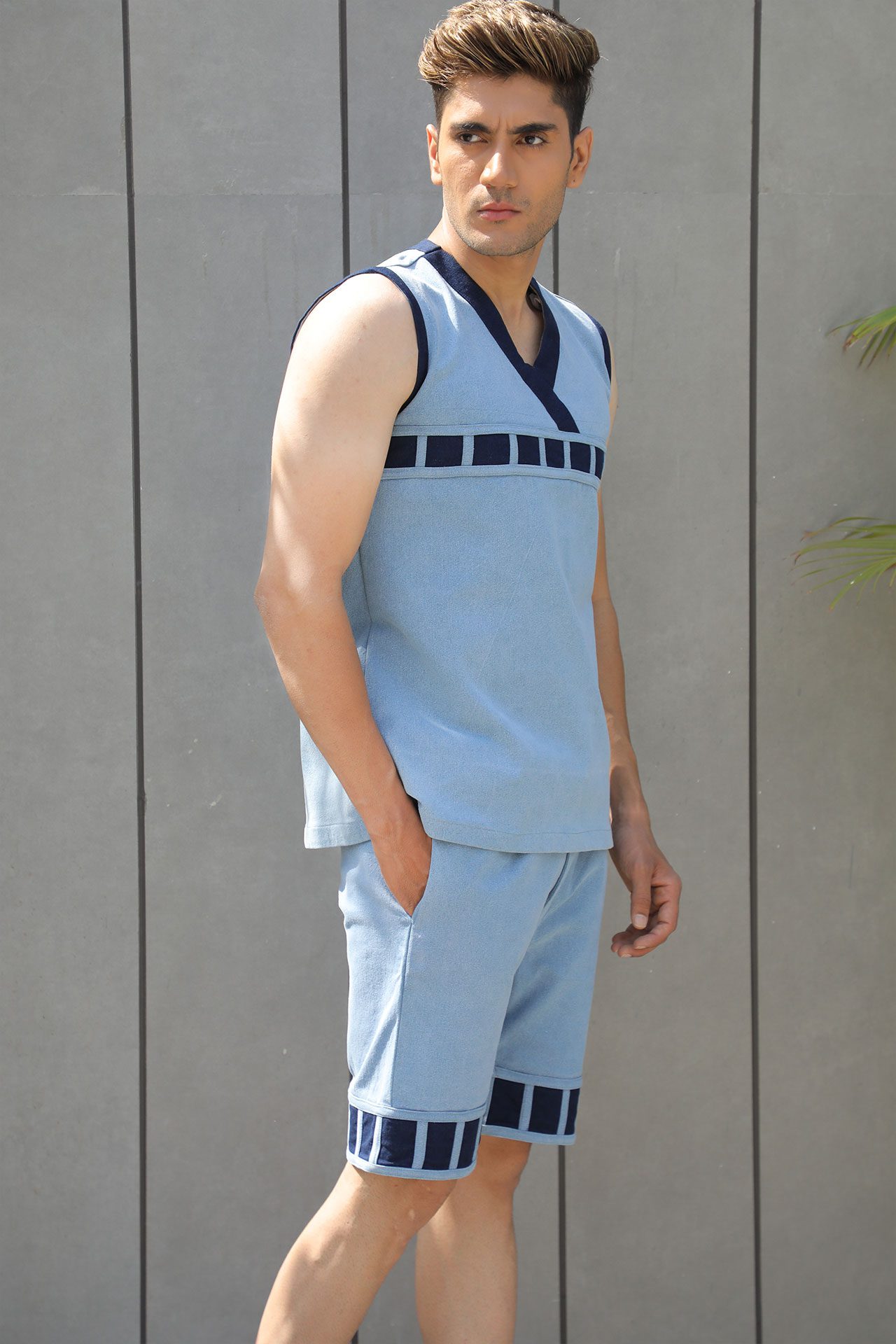 Sleeveless Denim T Shirt With Block Running Design