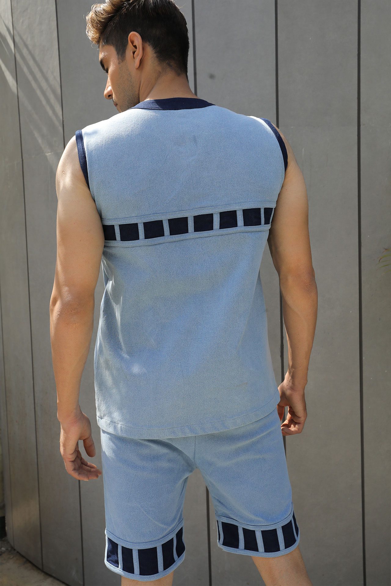 Sleeveless Denim T Shirt With Block Running Design