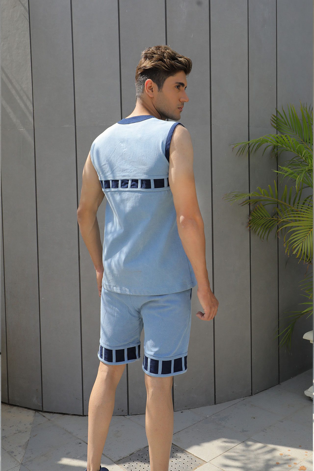 Sleeveless Denim T Shirt With Block Running Design