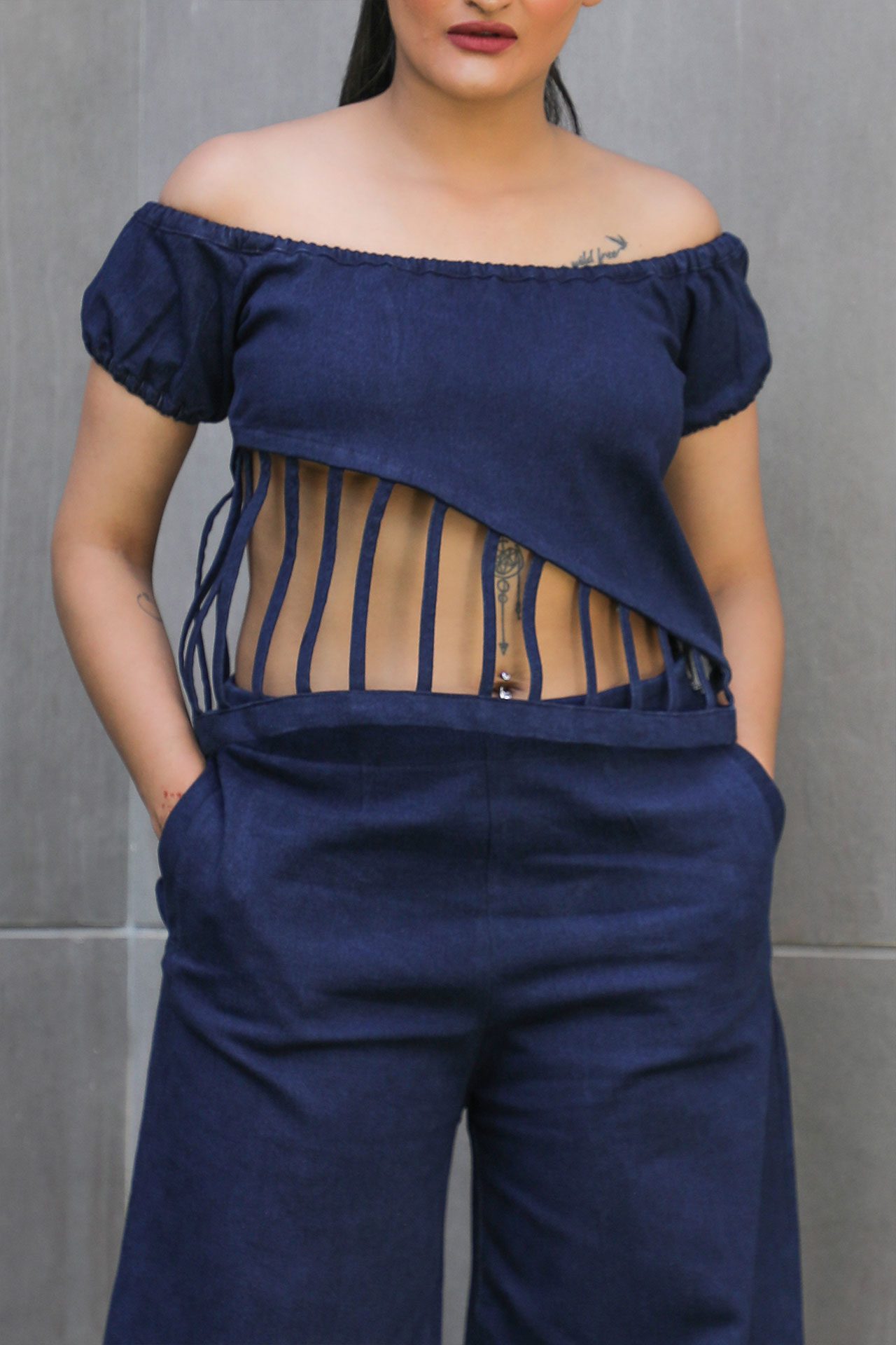 Off Shoulder Denim Crop Top