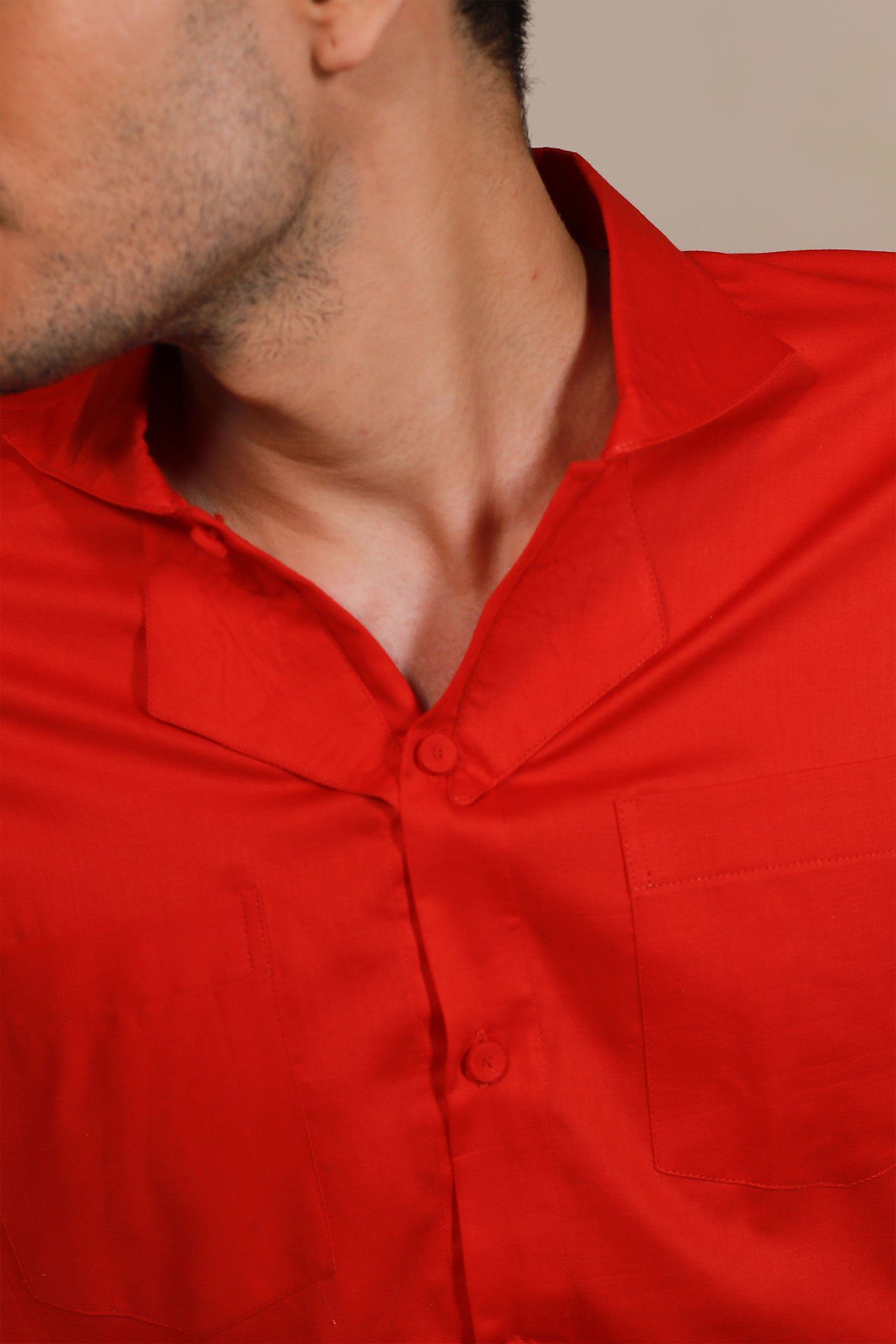 Half Sleeves Designed Collar Red Shirt